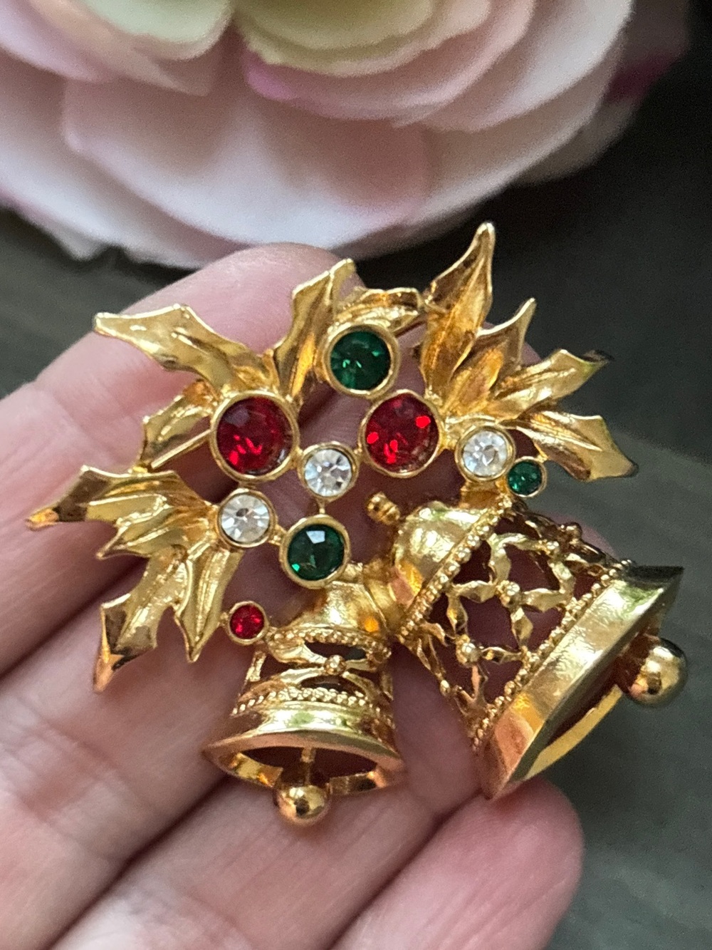 Vintage Avon Gold Christmas Bells Brooch Red Green Rhinestones